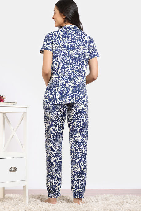 Zivame Print Fusion Knit Poly Pyjama Set - Navy Peony — image 4